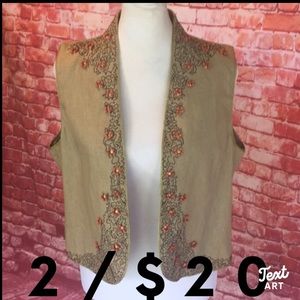 Vintage Central Park Tan Sparkly Beaded Floral Linen Vest